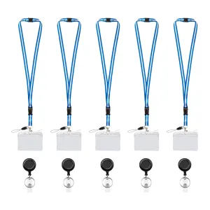 Visionis FPC-9408 Pack of 5 Blue and White Retractable Lanyard with Detachable Breakaway Clear Badge Holder and Keychain Clip Durable ID Neck Strap for Keys, Badges, and Access Control Cards