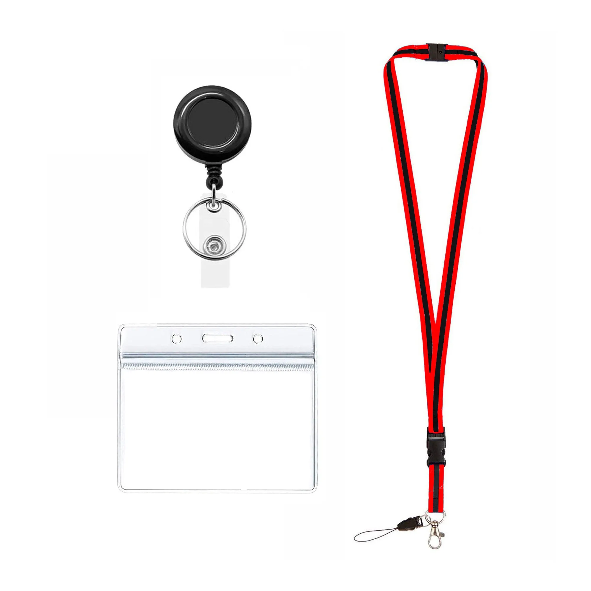 Visionis FPC-9411 Pack of 5 Red and Black Retractable Lanyard with Detachable Breakaway Clear Badge Holder and Keychain Clip Durable ID Neck Strap for Keys, Badges, and Access Control Cards