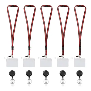 Visionis FPC-9411 Pack of 5 Red and Black Retractable Lanyard with Detachable Breakaway Clear Badge Holder and Keychain Clip Durable ID Neck Strap for Keys, Badges, and Access Control Cards