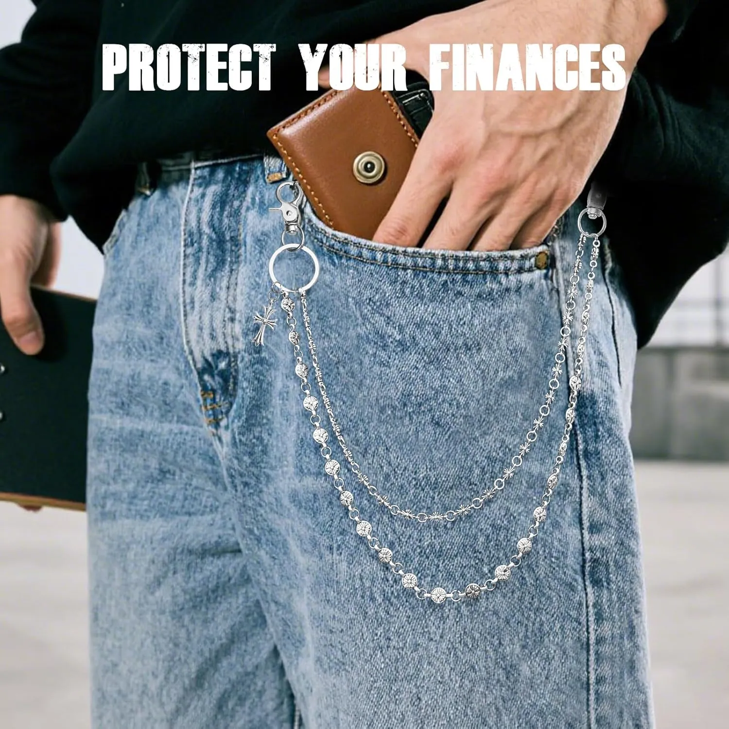Wallet Chain - Wallet Chains for Men, Pants Chains Double Cross Pocket Chains Punk Trousers Jeans Chains for Biker Heavy Skull Chain Belt Goth Accessories