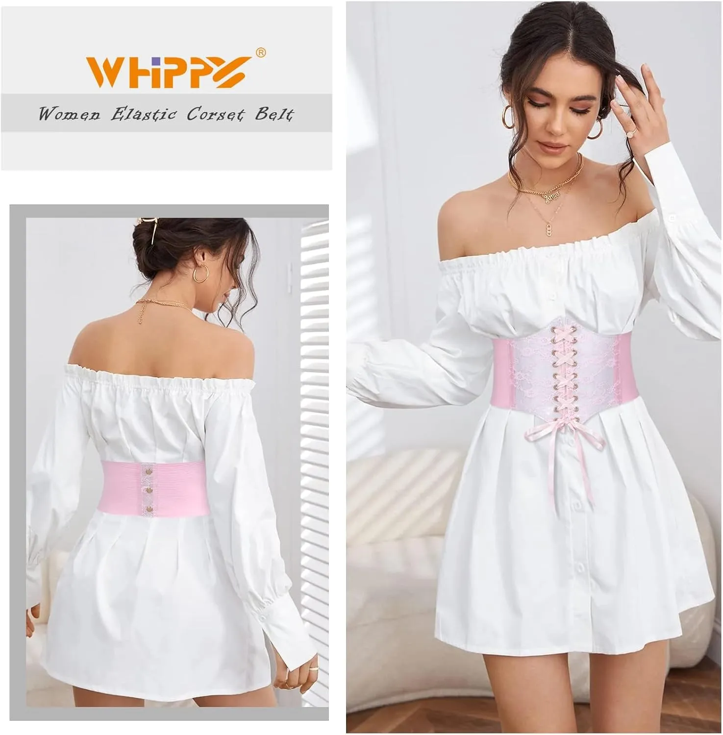 WHIPPY Women Lace-up Corset Waist Belt Transparent PVC Lace Crochet Petal Elastic Wide Belt for Dress