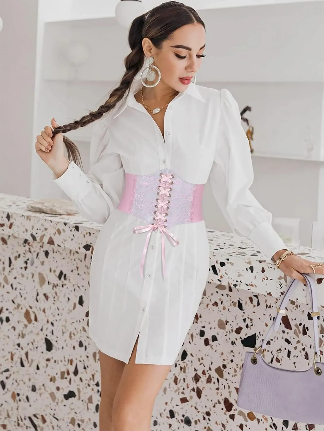 WHIPPY Women Lace-up Corset Waist Belt Transparent PVC Lace Crochet Petal Elastic Wide Belt for Dress