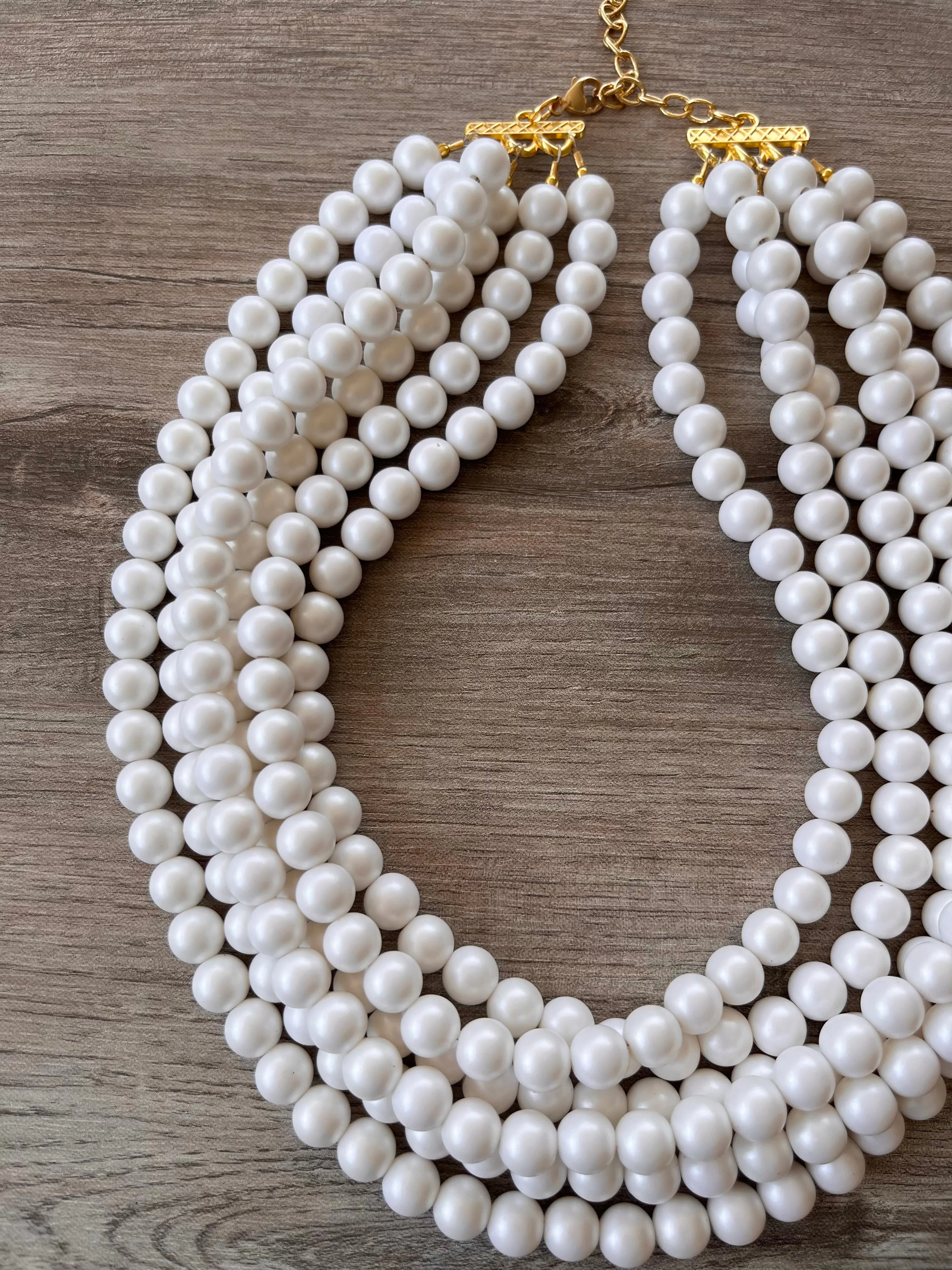 White Ivory Acrylic Pearl Statement Lucite Bead Multi Strand Statement Necklace - Alana
