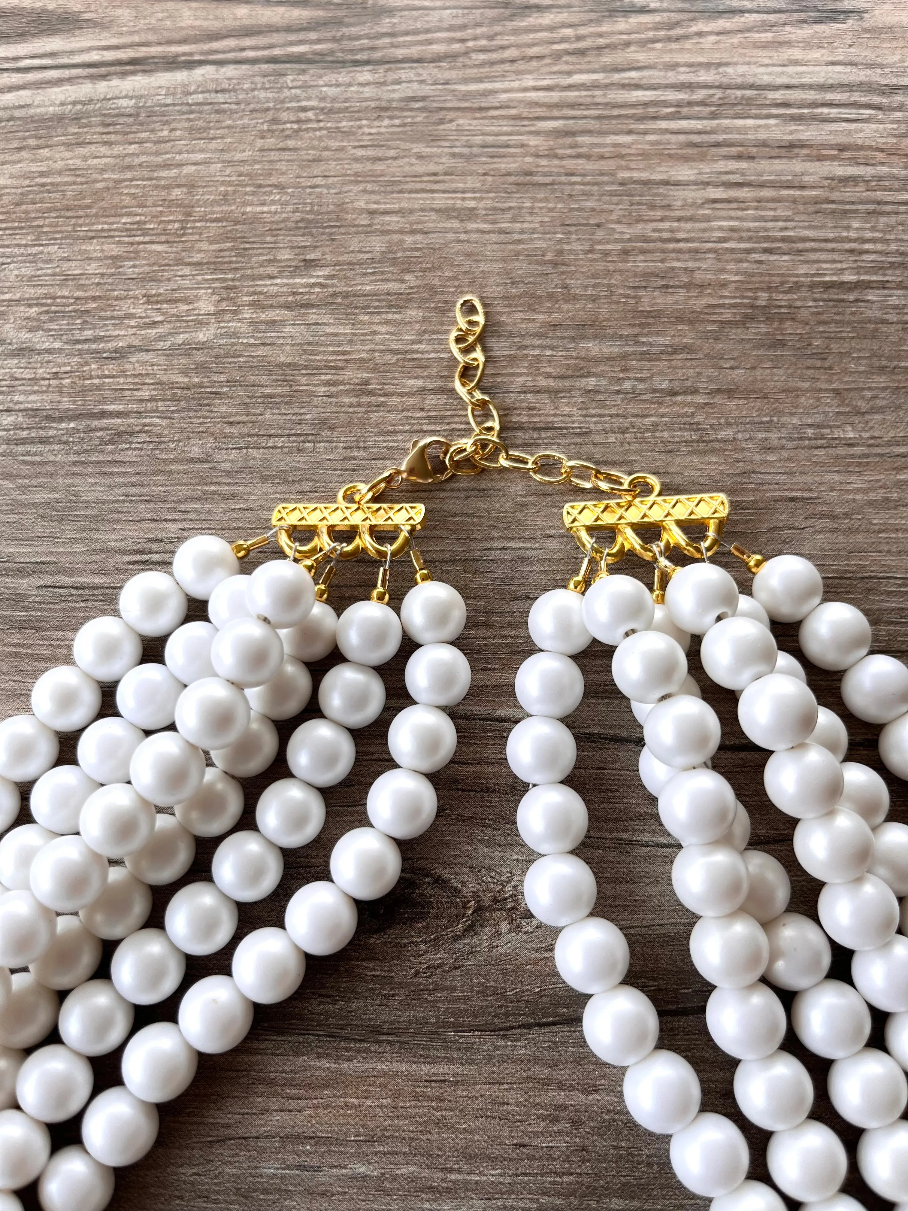 White Ivory Acrylic Pearl Statement Lucite Bead Multi Strand Statement Necklace - Alana