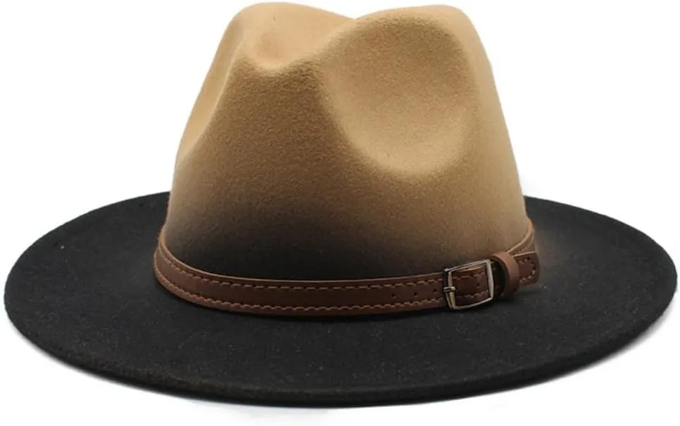Wide Brim Fedora Hat, Two-Tone Orange and Black, Leather Belt Buckle Accent