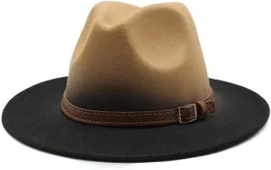 Wide Brim Fedora Hat, Two-Tone Orange and Black, Leather Belt Buckle Accent