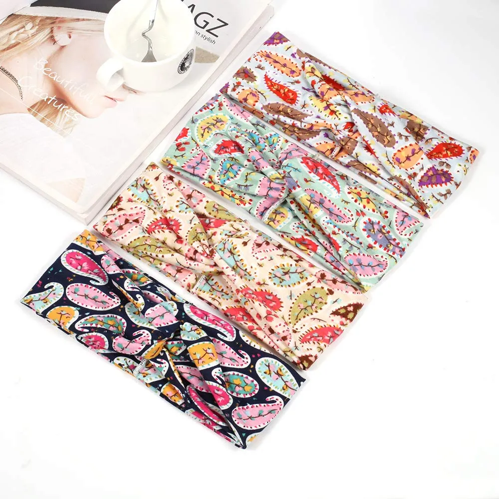 Women's Wide Bandana Headwrap Stretch Yoga Sweatband Turban Criss Cross Head Wrap Twist Head Bands for Women (4 Pack Paisley Printed Style D)