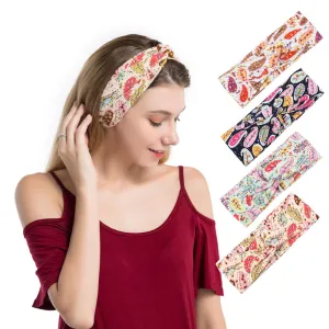 Women's Wide Bandana Headwrap Stretch Yoga Sweatband Turban Criss Cross Head Wrap Twist Head Bands for Women (4 Pack Paisley Printed Style D)